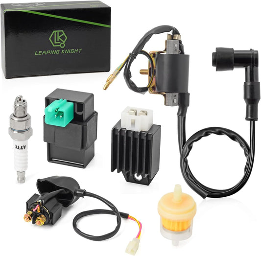 Ignition Coil Kit with 5 Pin AC CDI Box Voltage Regulator Rectifier Solenoid Relay & Spark Plug for Kazuma Meerkat 50Cc Falcon 70Cc 90Cc 110Cc Taotao Roketa Coolster 110CC ATV 3050B